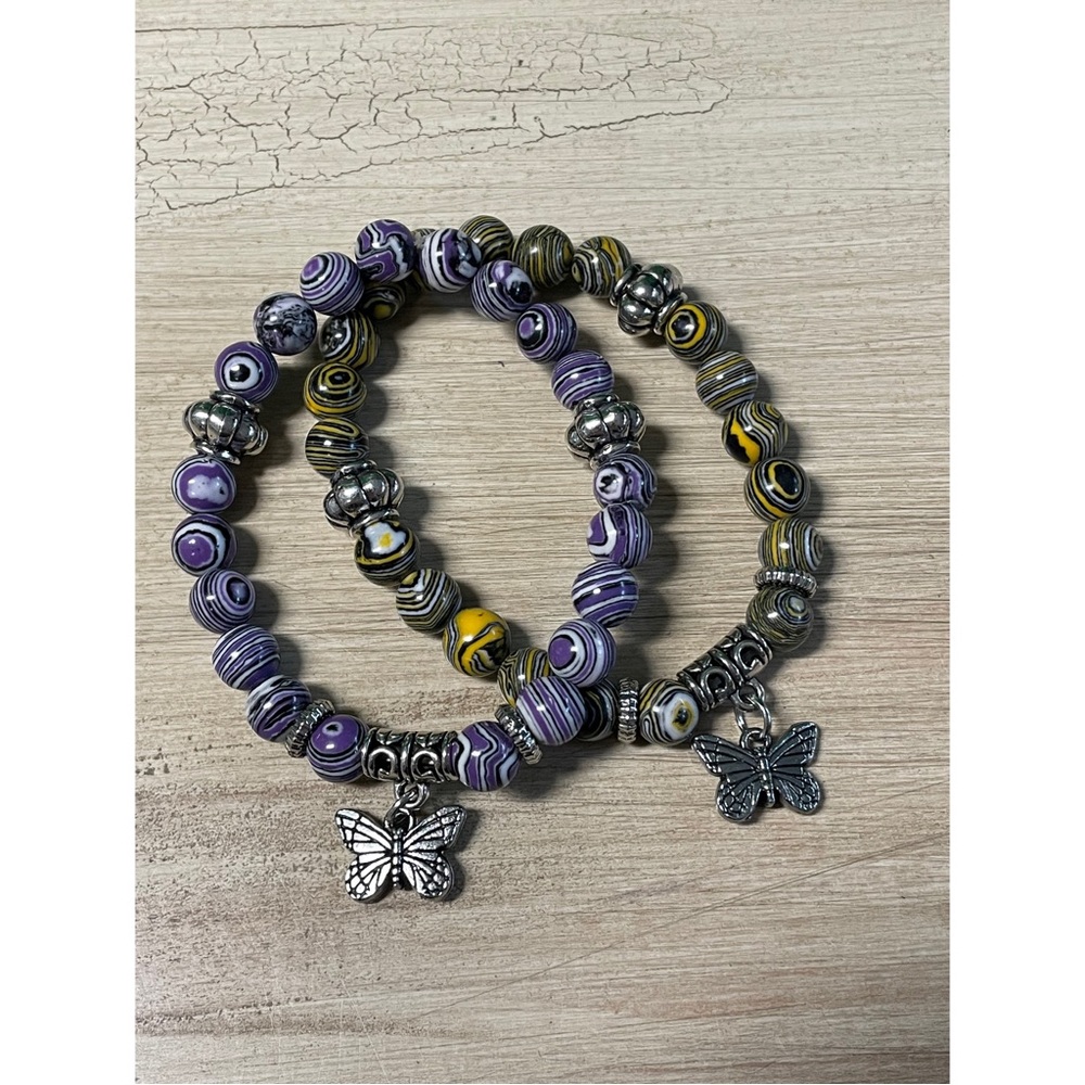Butterfly Beaded Bracelet Set of 2 Green Blue One Size